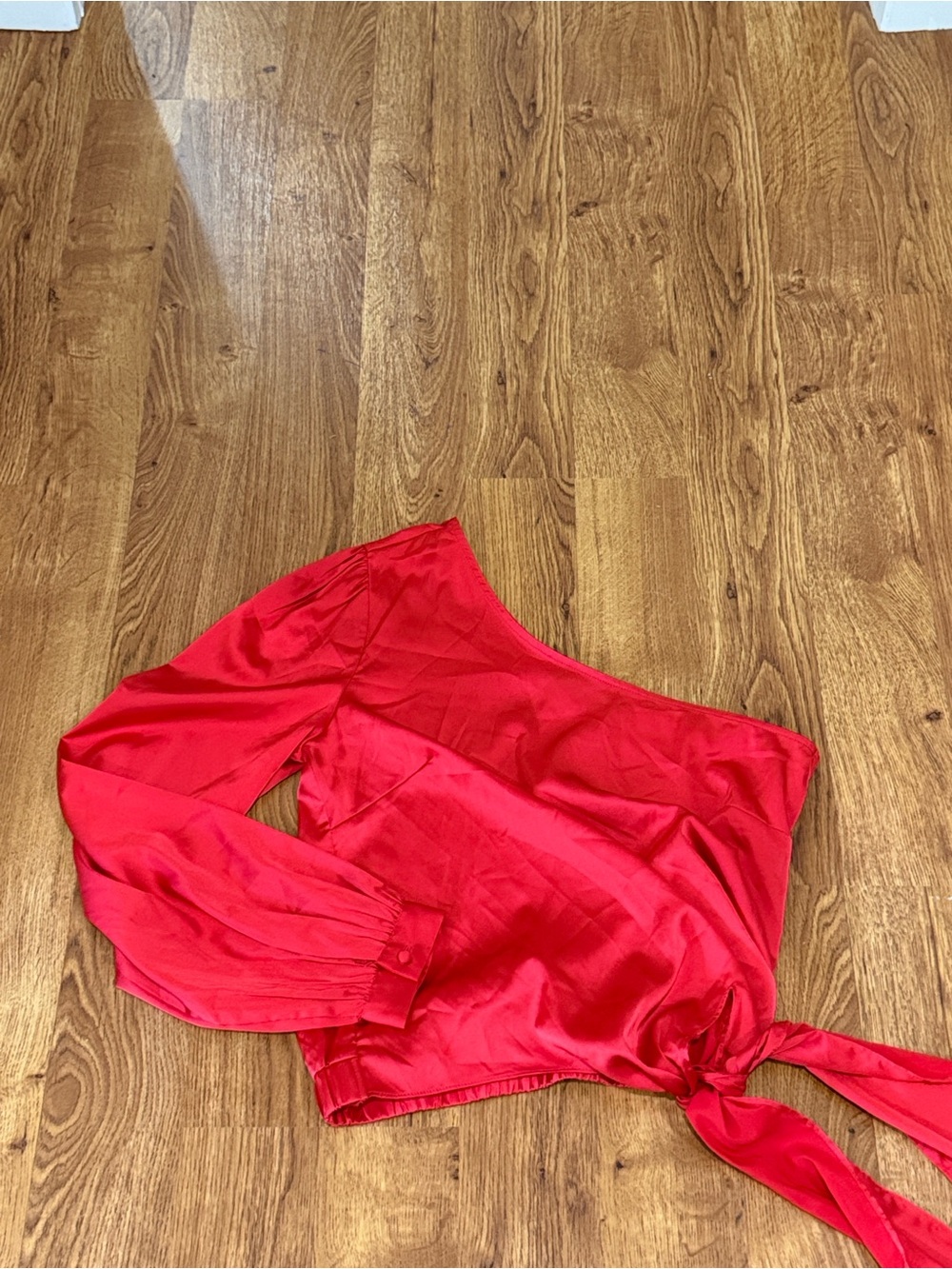 Sugarlips One-Shoulder Red Satin Tie-Hem Top